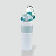 White and teal reusable water bottle with flip-top lid and ergonomic grip band